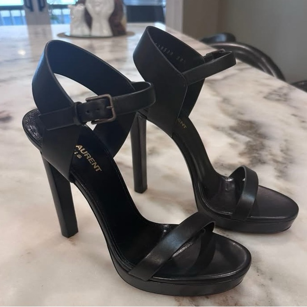 Saint Laurent Black Platform Strappy Sandals Heels, 38.5